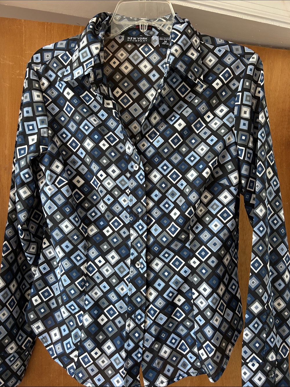 New York & Company Geometric Diamond Print Button-Up in Navy and Light Blue